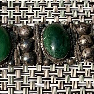 Vintage Mexican Sterling Silver with Green Stones large heavy Bracelet